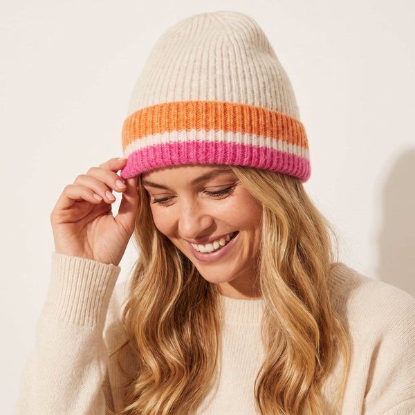 Martha Striped Beanie Hat in Orange/Pink