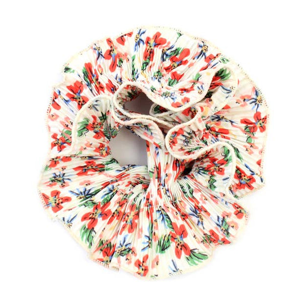 Extra Large Double Layered Flower Print White Ribbed Scrunchie