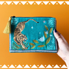 Teal Tiger Embroidered Pouch