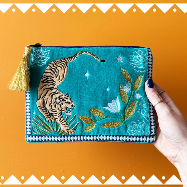 Teal Tiger Embroidered Pouch