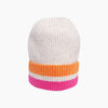 A ribbed knit beanie hat featuring a cream-colored crown with a folded cuff striped in orange, white, and bright pink, shown against a plain white background.
