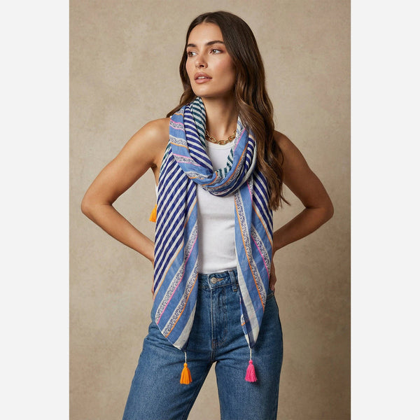 Azure Stripe Lightweight Cotton Scarf with Tassels - Hauslife