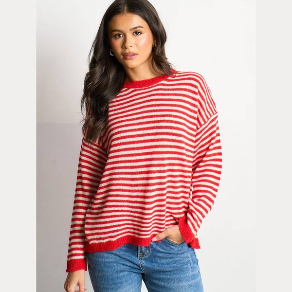Striped Long Sleeve Italian Wool Blend Jumper in Red/Cream