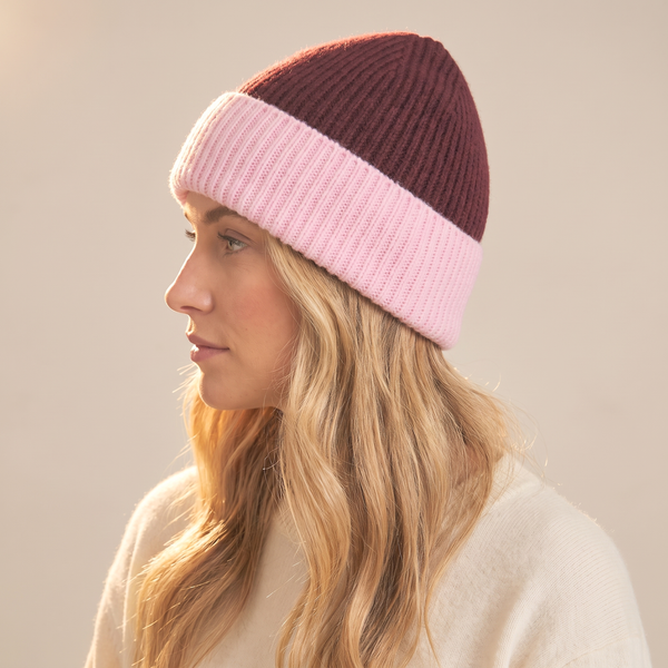 Ida Two Tone Beanie Hat in Berry/Pink
