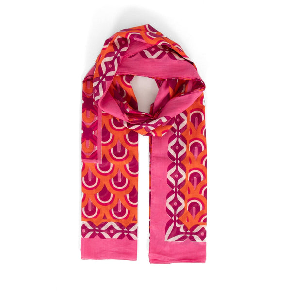 Dahlia Lightweight Cotton Scarf - Hot Pink/Orange, Retro Geometric Print - Hauslife