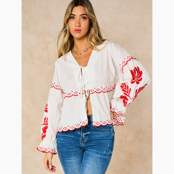 Embroidered Floral Front Tie Cotton Shirt in White - Hauslife