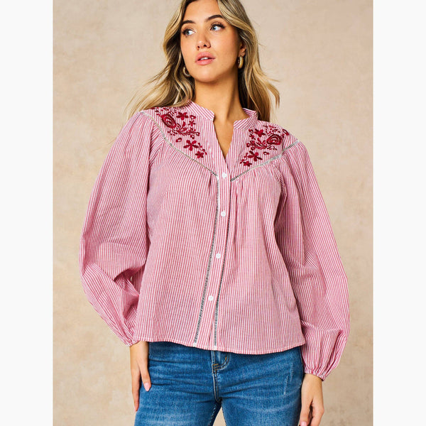 Embroidered Floral Long Sleeve Cotton Shirt in Red - Hauslife