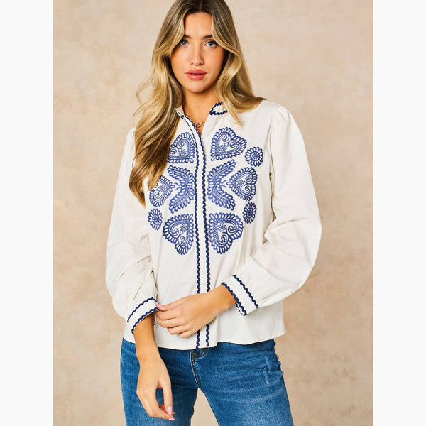 Embroidered Hearts Long Sleeve Cotton Shirt in White - Hauslife