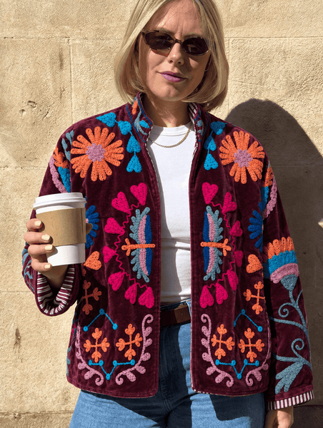 Embroidered Velvet Suzani Jacket - Burgundy Hearts - Hauslife