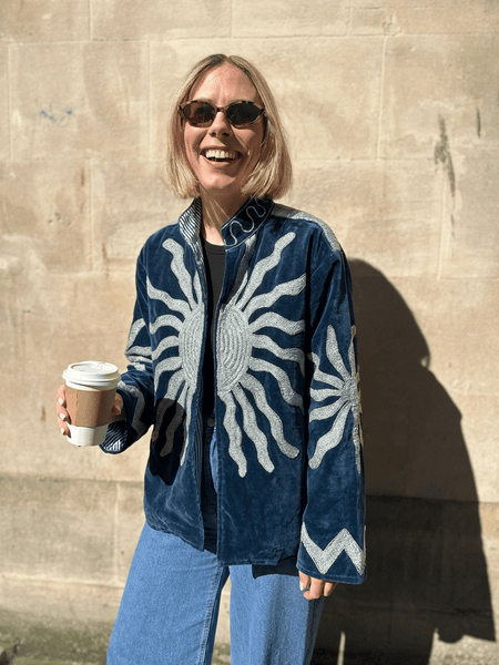 Embroidered Velvet Suzani Jacket - Navy Sunburst - Hauslife