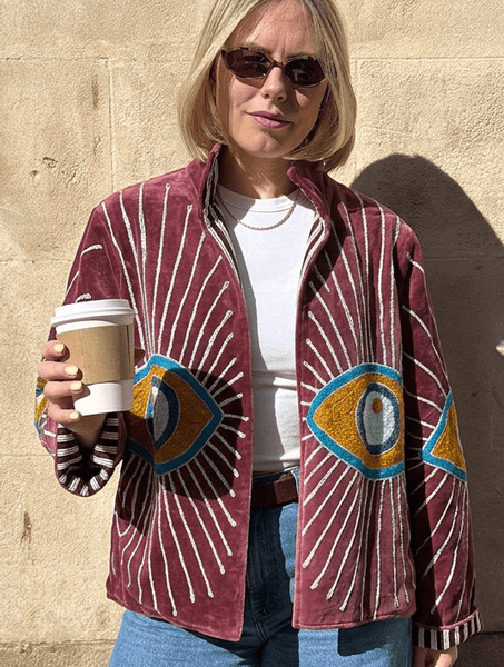 Embroidered Velvet Suzani Jacket - Plum Evil Eye - Hauslife