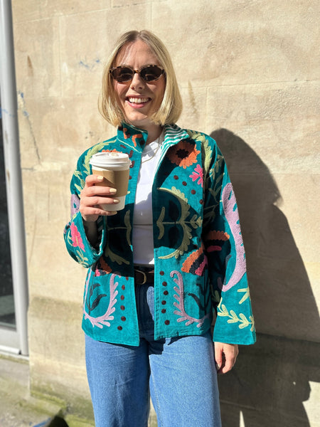 Embroidered Velvet Suzani Jacket - Teal Floral - Hauslife
