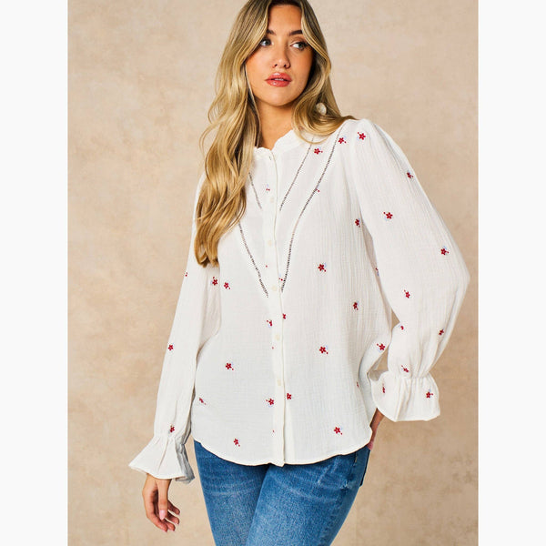Floral Long Sleeve Double Gauze Cotton White Shirt - Hauslife
