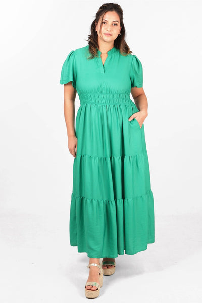 Grandad Collar Tiered Maxi Dress - Green - Hauslife