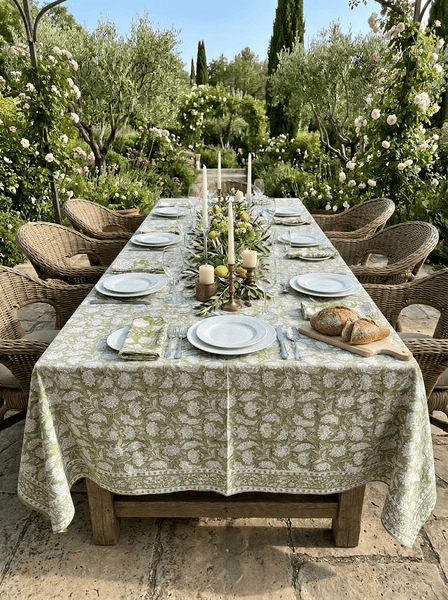 Green Floral Handblock Tablecloth - Hauslife