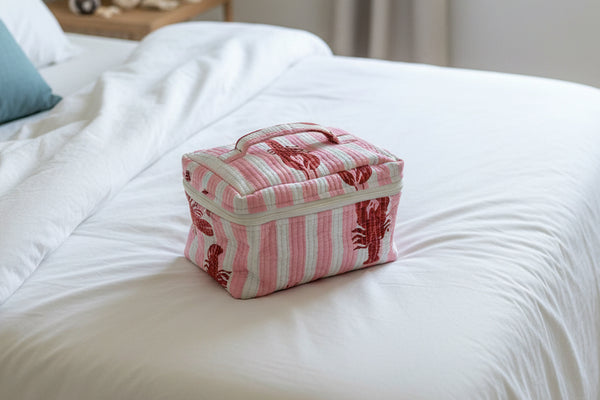 Large Handled Quilted Washbag - Pink Stripe Lobster - Hauslife