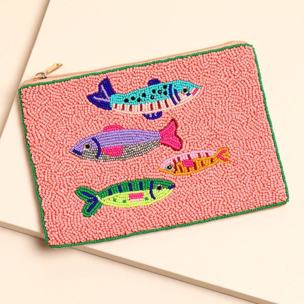 Large Pink Beaded Fish Pouch Bag - Hauslife