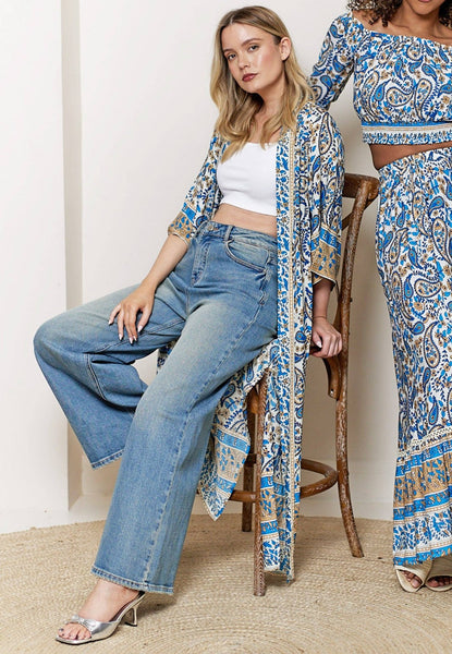 Long Sleeve Maxi Kimono in Blue Paisley Print - Hauslife