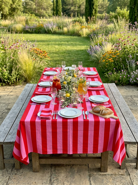Pink Stripe Handblock Tablecloth - Hauslife
