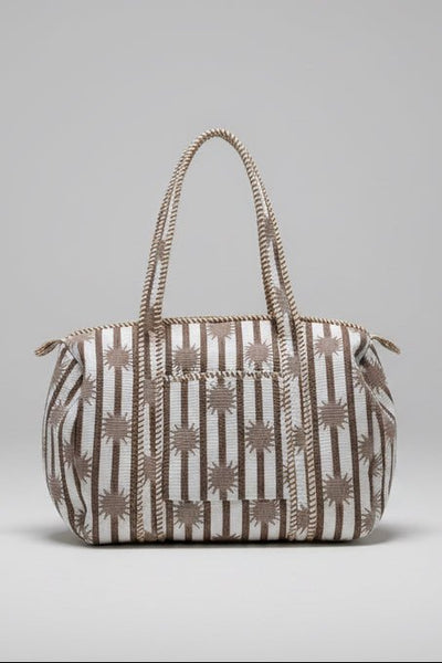 Quilted Cotton Duffel Bag – Taupe & White Sunburst Print - Hauslife
