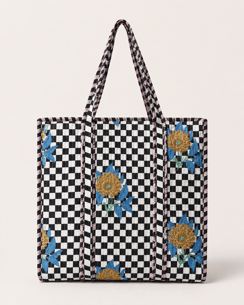 Quilted Cotton Tote Bag – Black Check Floral - Hauslife