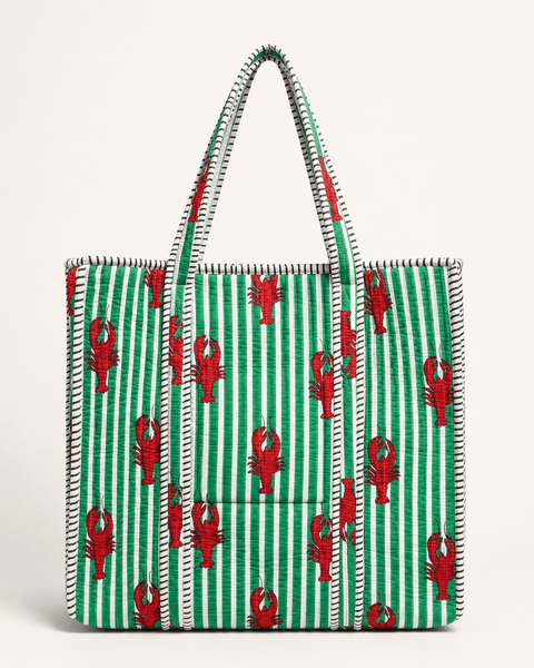 Quilted Cotton Tote Bag – Green Stripe Lobster - Hauslife