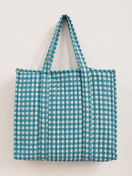 Quilted Cotton Tote Bag – Teal Gingham - Hauslife
