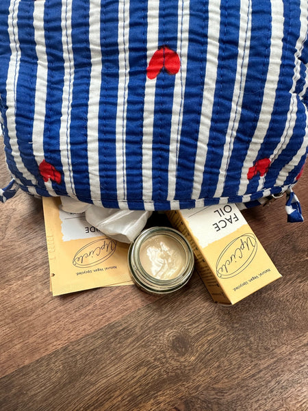 Quilted Cotton Washbag - Blue & White Stripe with Red Hearts - Hauslife