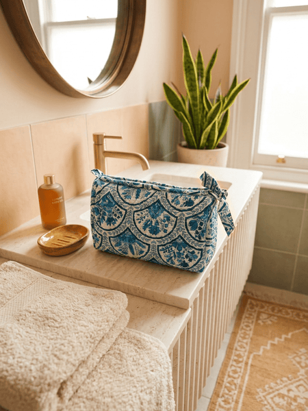 Quilted Cotton Washbag - Porto Blue Floral - Hauslife