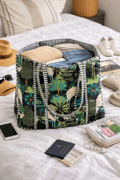 Quilted Weekender Bag - Black Peacocks & Temples - Hauslife