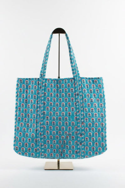 Quilted Weekender Bag | Turquoise Floral Handblock Print - Hauslife
