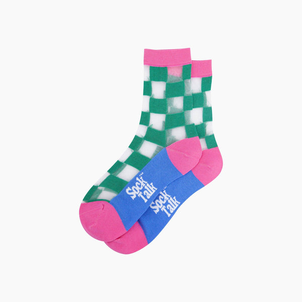 Square Checkerboard Combed Cotton Sheer Pop Socks in Green - Hauslife
