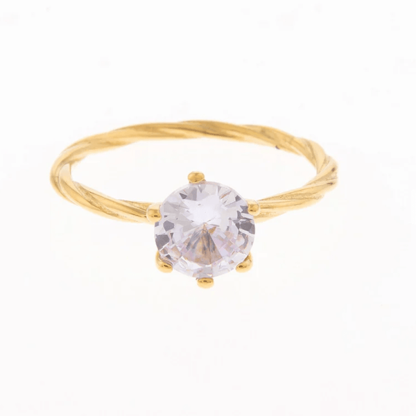 Cubic zirconia solitaire ring with twisted gold band