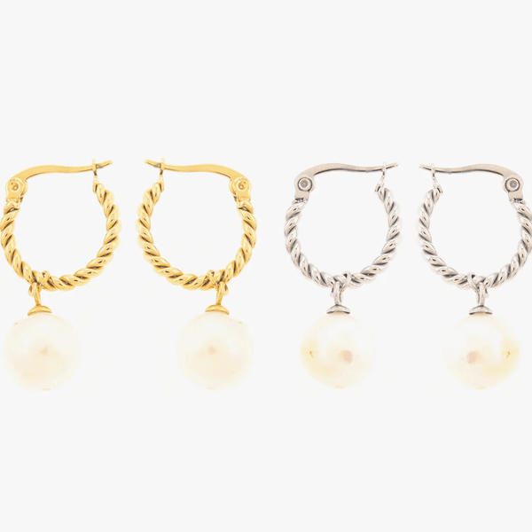 Gold twisted rope hoop earrings with pearl drop