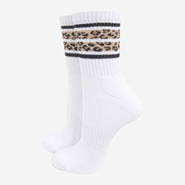 Women's Sporty Socks - White, Leopard Stripe - Hauslife
